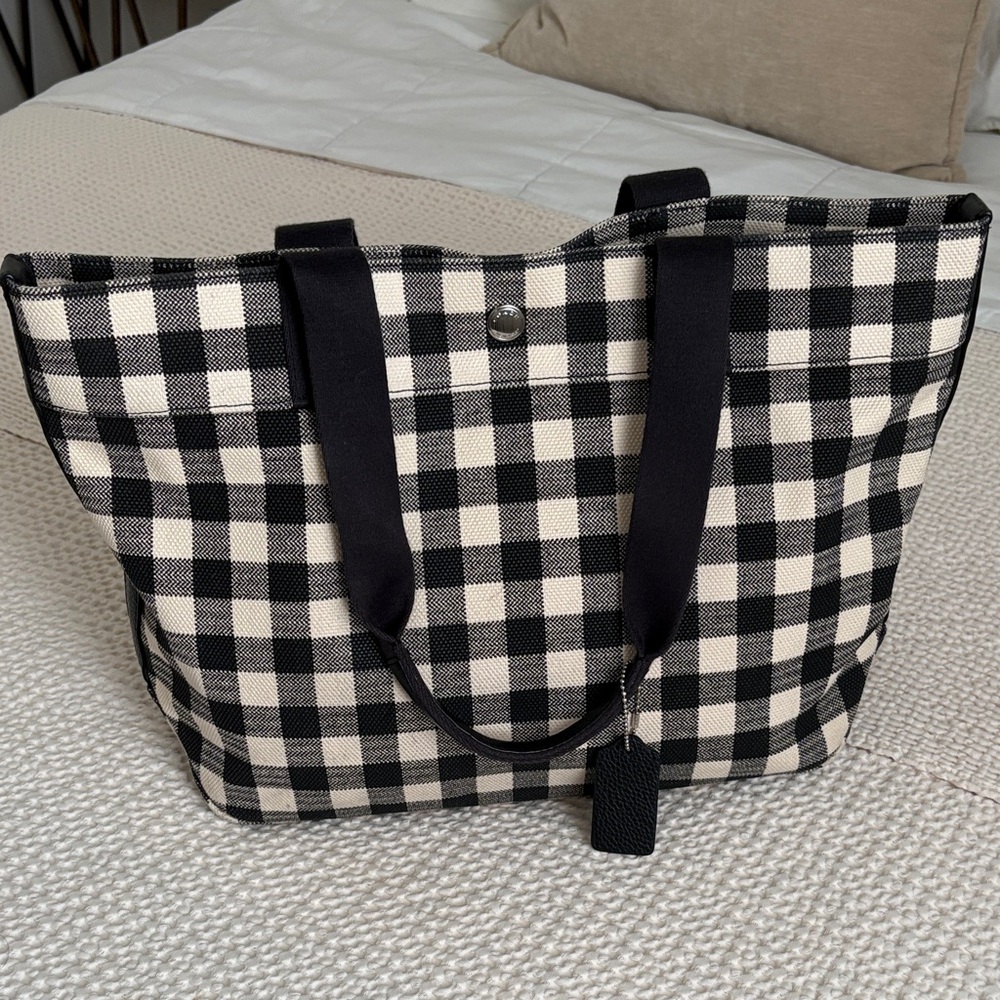 Coach Stylish Black and White Woven Canvas Checkered Tote Bag